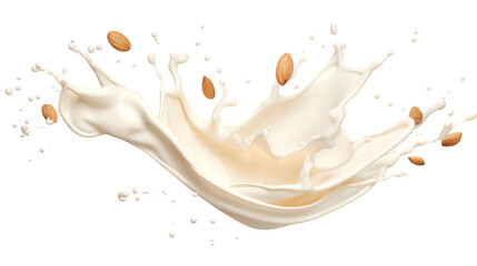 Almond milk splashing with almonds on a transparent background