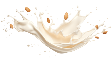 Almond milk splashing with almonds on a transparent background