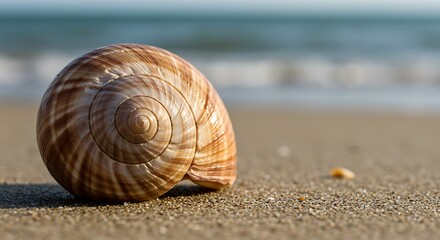 Spiral Seashell on Sandy Beach, Ocean Horizon.