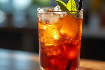 close-up of a Long Island iced tea in a sophisticated glass, capturing the mix of vibrant colors and textures. The lighting emphasizes the ice and the subtle garnishes