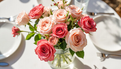 Elegant flower centerpiece of vibrant roses on table, celebration decor