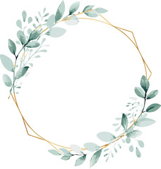 Elegant Gold Geometric Frame Watercolor Greenery Wreath Design