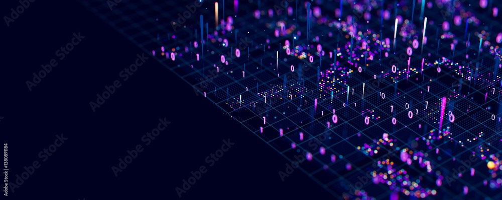 Poster Macro of quantum computing technology. Digital patterns of big data. Microworld of LLM AI learning process. Nano technology presentation. 