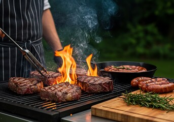 A sizzling summer barbecue feast, juicy steaks and savory sausages grilling over vibrant flames, creating a mouthwatering outdoor culinary experience with smoky aromas and a lush green backdrop.