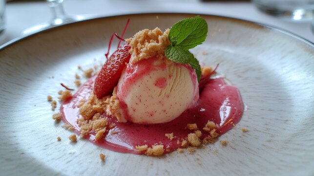 Delicious strawberry ice cream scoop tpped with biscuit crumble  mint leaves