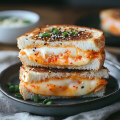 Delectable Kimchi Grilled Cheese Sandwich: A culinary delight, the image showcases a grilled cheese sandwich with savory kimchi filling, inviting viewers to indulge in its warmth and flavor