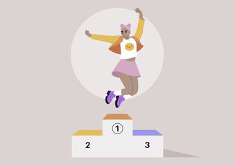 A triumphant young woman jumping for joy on a winner's podium, her hands raised high in celebration, exuding happiness and contentment with her victory