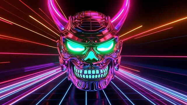 Cyberpunk demon mask with glowing eyes and horns against neon speed lines, colorful and futuristic