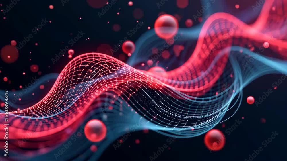 Poster Red and Blue Abstract Digital Wave with Floating Spheres in Motion on a Dark Background