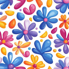 Fototapeta premium Bright and colorful floral pattern featuring various flowers and petals vibrant shades of blue, pink, orange, and purple, creating cheerful