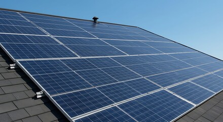 A rooftop solar panel array generating clean energy, a symbol of sustainable living and a brighter future, under a clear blue sky.