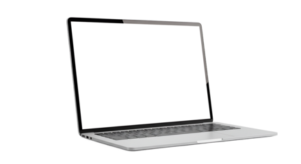A silver laptop with a blank white screen is displayed against a plain black background in the photo