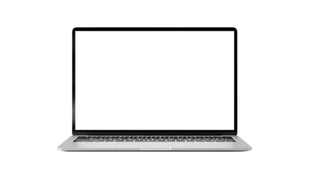 A laptop computer with a white screen on a black background in a centered front view
