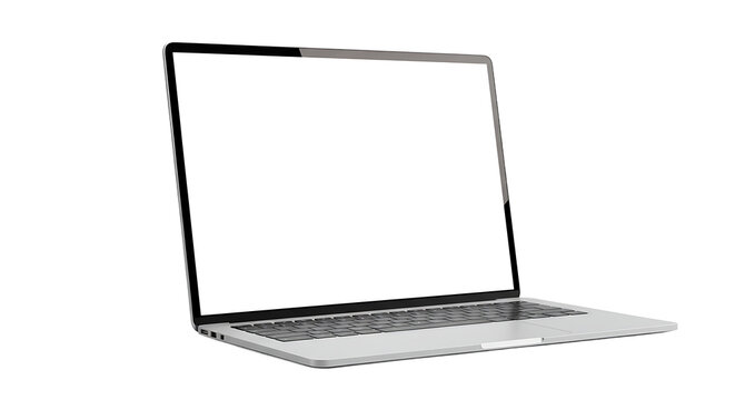 A silver laptop with a blank white screen is displayed against a plain black background in the photo