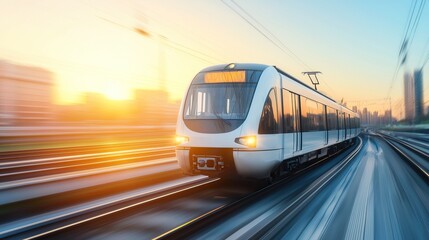 Naklejka premium A sleek train speeds through a vibrant urban landscape at sunset.
