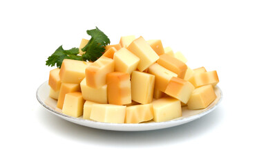 Cubes of cheddar cheese isolated on white 