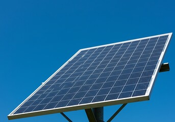 A single solar panel basking in the vibrant midday sun, a symbol of clean energy and sustainable future against a clear azure sky.