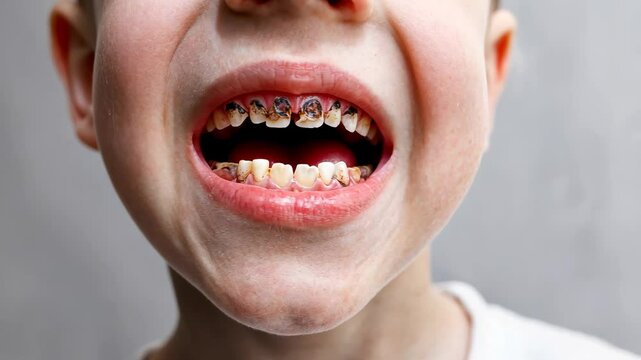 decayed teeth with cavity in molar showing caries, closeup on little boy's open mouth. health issue, emphasis on oral hygiene and prevention. dental problems, healthcare and childhood concept.