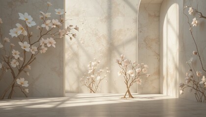 Delicate floral arrangements serene interior space visual art elegant ambiance soft lighting nature-inspired design