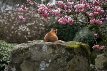 Cat Sitting on Rock Surrounded by Beautiful Cherry Blossoms