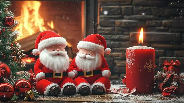 Festive scene with two Santa figures beside a fireplace, candle and ornaments