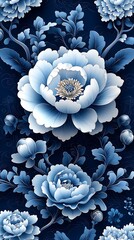 Blue Floral Pattern with Large Peonies and Delicate Leaves on Dark Blue Background