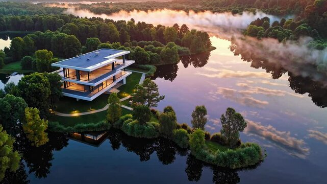 Villa moderne sur &icirc;lot priv&eacute; au lever du soleil, vue a&eacute;rienne longue avec reflets dor&eacute;s dans le lac et brume &agrave; l&rsquo;horizon &ndash; architecture contemporaine en pleine nature isol&eacute;e