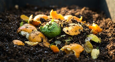 Decomposing fruit peels and vegetable scraps in rich, dark garden soil.