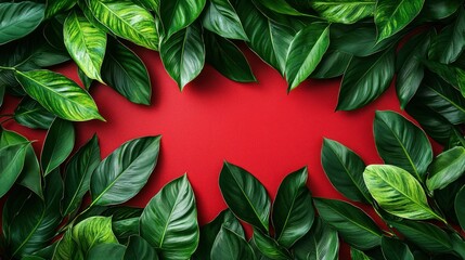 Obraz premium Vibrant Green Leaves on Red Background: A Tropical Floral Frame