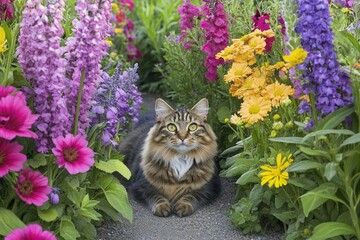 Cat Surrounded by Colorful Flowers in a Beautiful Garden Scene