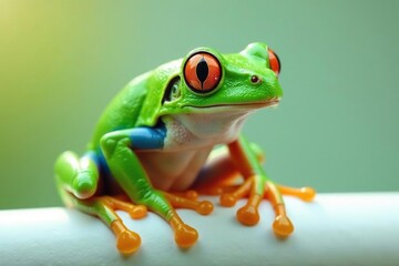 Obraz premium Green tree frog perched on white, vibrant skin, background, leaping, reptile
