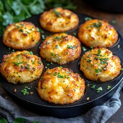Fototapeta premium Golden Bites: Culinary delight. Baked golden savory biscuits in a tray. Capture a perfect detail