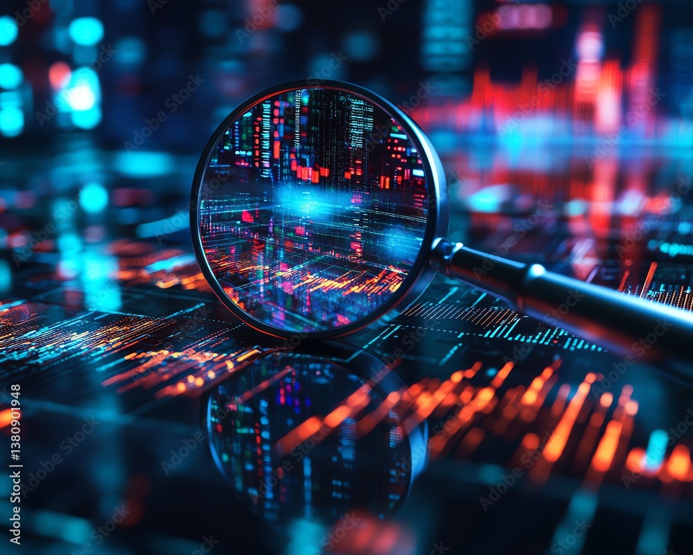 Poster magnifying glass focusing on graphs and charts, data analysis, neon screen design, modern technology