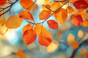 Vibrant orange and red autumn leaves against soft blue sky background
