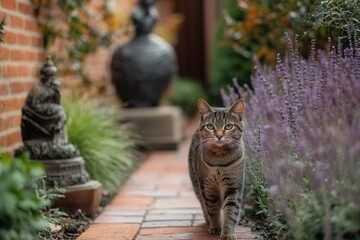 Cat Walking in Serene Garden Pathway Surrounded by Lavender Flowers
