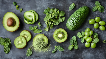 Green Harmony  Avocado, cucumber, green grapes, matcha cookies, kiwi, edamame, and fresh herbs like basil and mint
