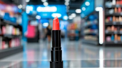 Close-up of vibrant lipstick in a cosmetics store with blurred shoppers in the background