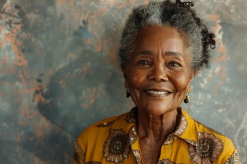 Portrait of a glad afro-american woman in her 60s smiling at the camera in front of plain cyclorama studio wall