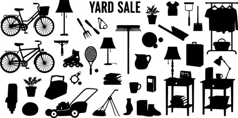 Obraz premium Yard sale vector silhouette banner with assorted household and sport items. vector set