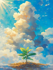 A small plant is growing in the dirt next to a large cloud