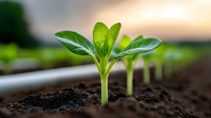 Young Green Plants Growing in Rows in a Field at Sunset