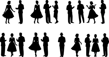 Vector silhouette of people dressed in 1950s fashion at the party, socializing. vector set