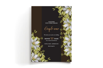 WEDDING INVITATION FRAME WITH FLOWER DECORATIONS AND FRESH LEAVES
