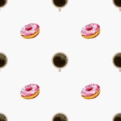 Coffee and donut watercolor pattern for textile and packaging design
