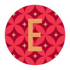 A decorative circular vector featuring the letter &ldquo;E&rdquo; centered within a red floral-inspired geometric motif, creating a luxurious and artistic visual appeal for various uses.