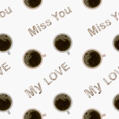 Watercolor coffee pattern featuring loving messages in a seamless design