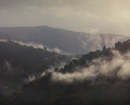 Mountains around the Portotide bridge on the Mi&ntilde;o river in Chantada