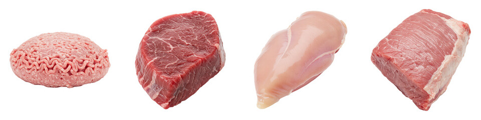 Obraz premium Raw Meat Selection Ground Meat, Beef Steak, Chicken Breast, Pork Loin.