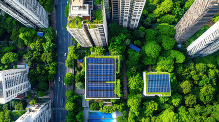 Aerial view of green city block with solar panels and lush trees. Sustainable urban design