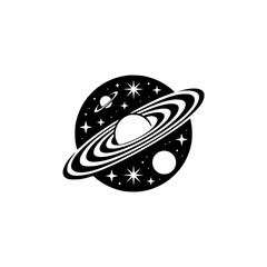 Black and White Space Illustration: Saturn, Stars, Planets. Minimalist design.